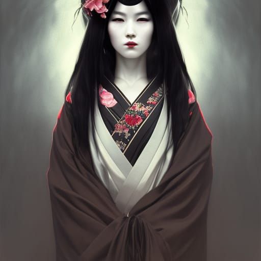 Creepy Dark Geisha Portrait in Hyperdetailed Style