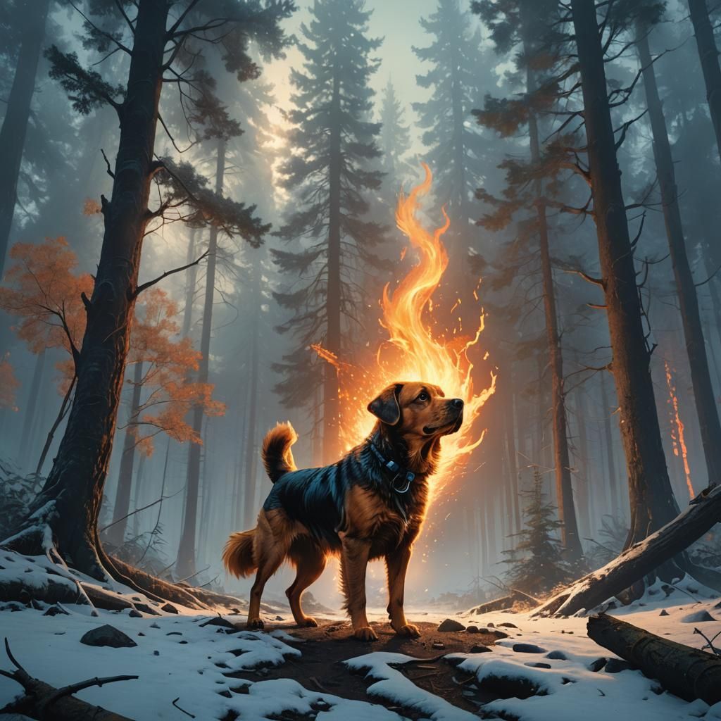 Dog Breathing Fire in Misty Forest, Fantasy Art