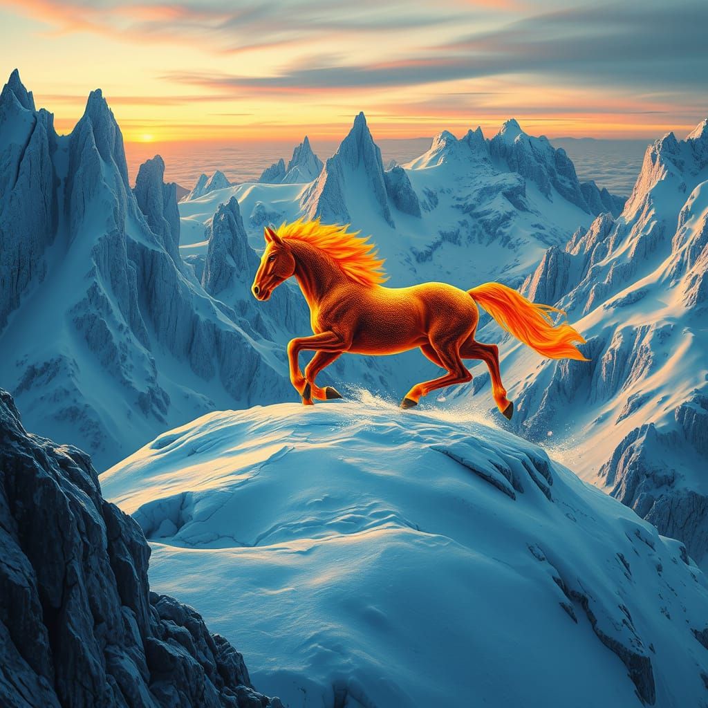 Ethereal Horse Blaze on Snowy Mountain in Ice Background