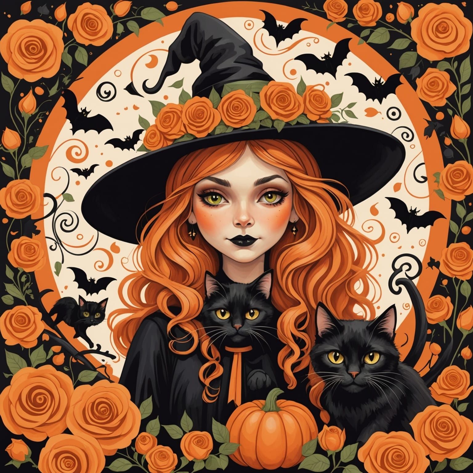 Whimsical Halloween Witch Surrounded by Roses