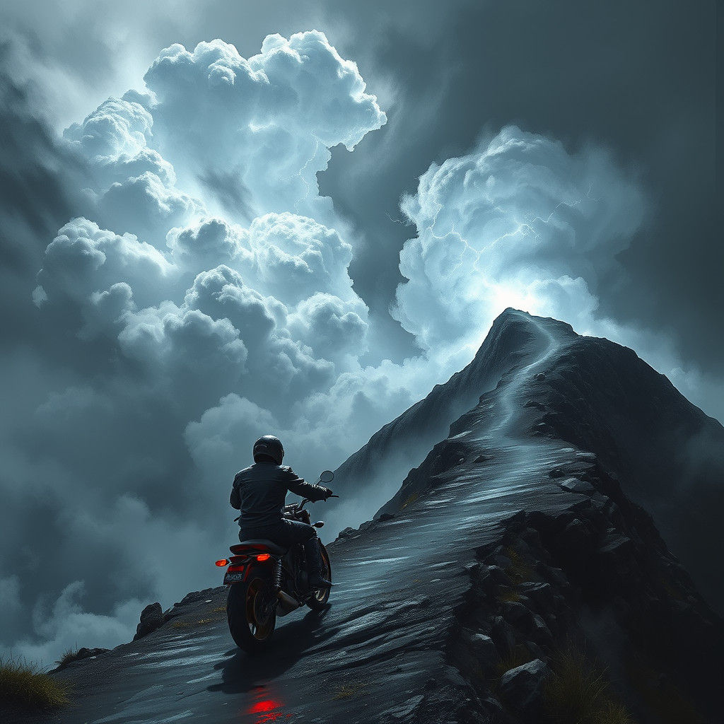 Biker Rides Thunder Trail in Stormy Mountains
