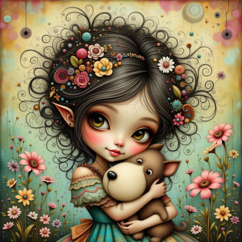 Whimsical Girl Hugs Adorable Dog in Enchanting Scene