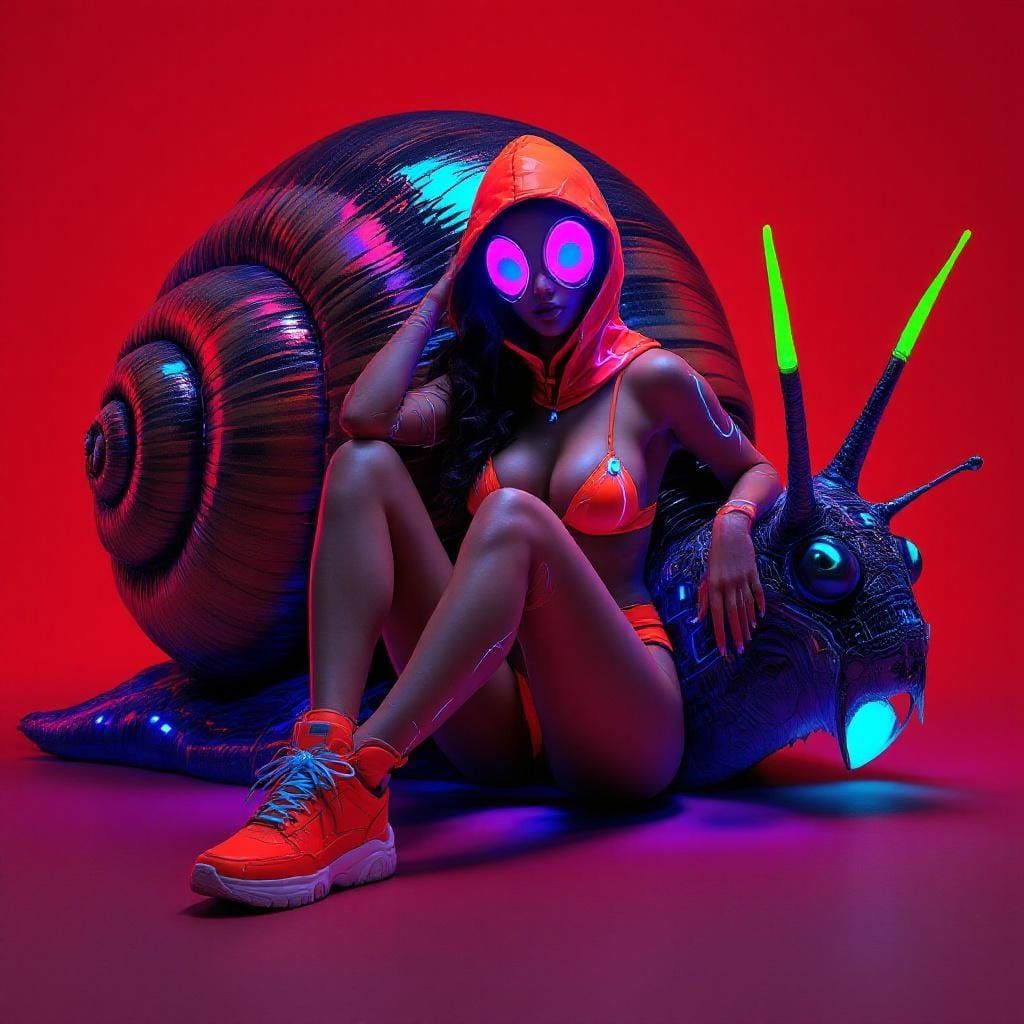Cyberpunk Woman with Bioluminescent Snail