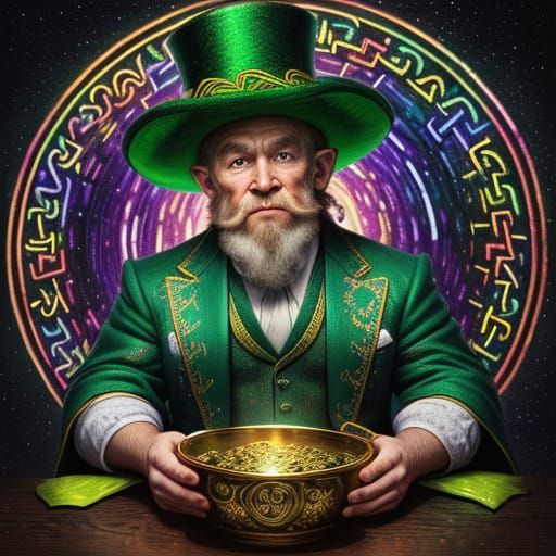 Surreal Irish Leprechaun Sits Under a Vibrant Neon Rainbow w...
