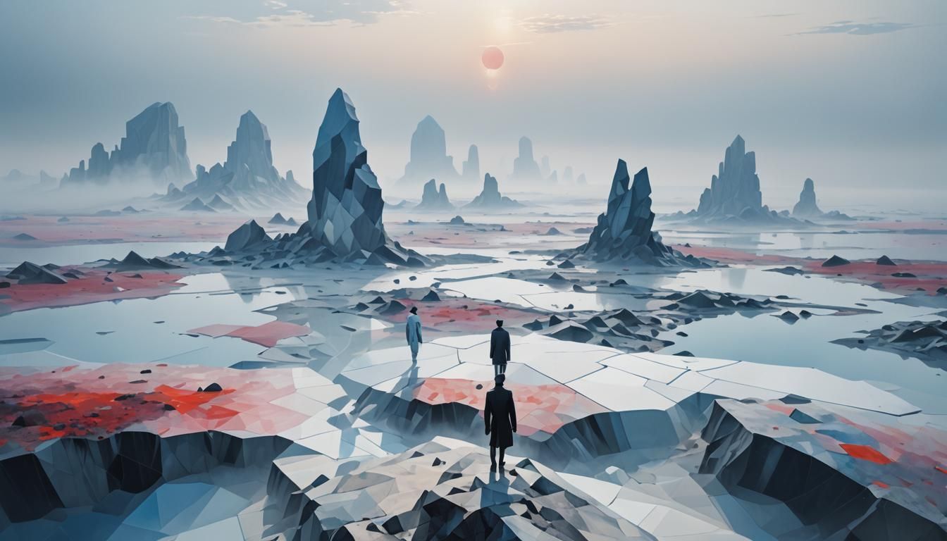 Figures Step into Abstract Geometric Landscape