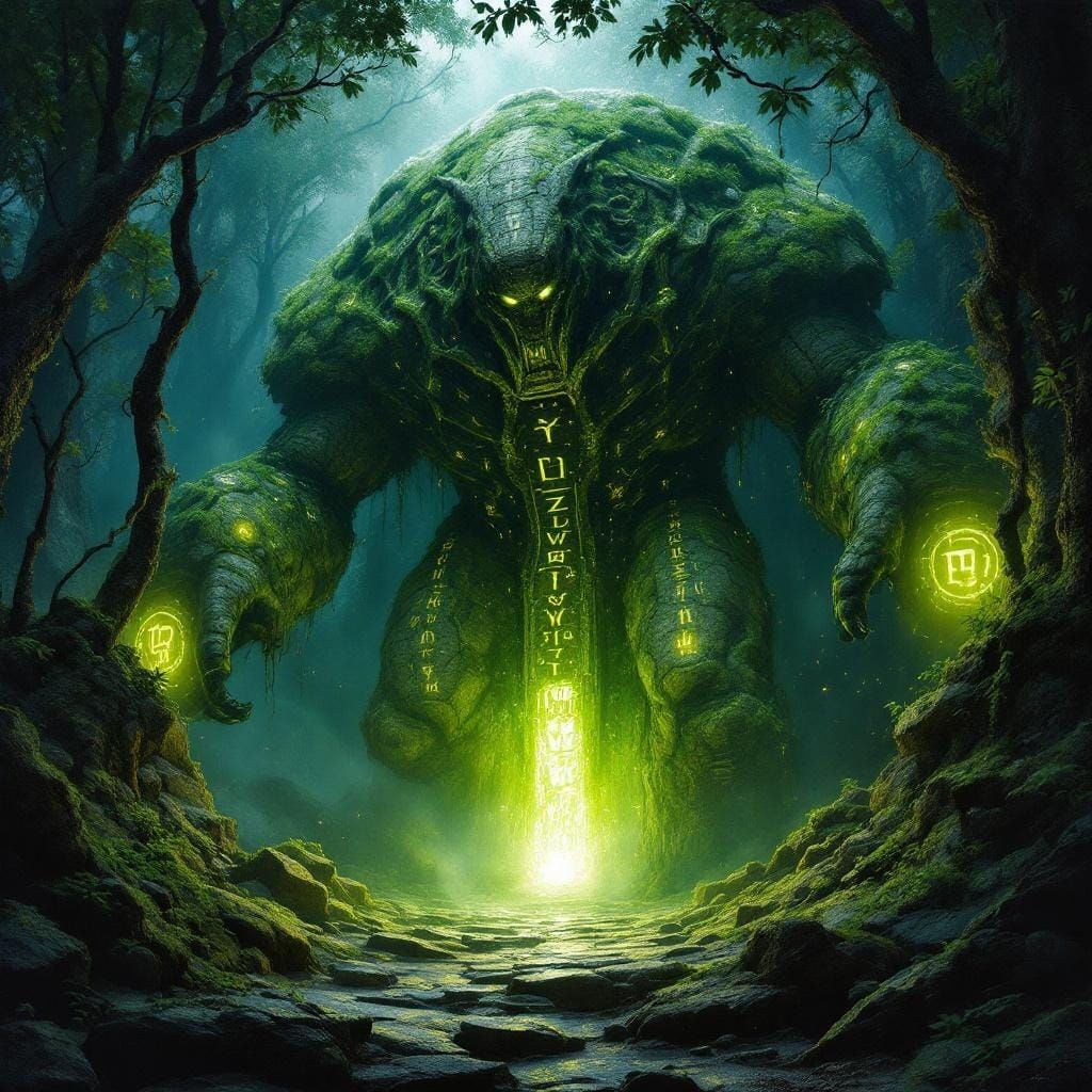 Mystical Stone Golem Guardian in Forest, Rembrandt Style
