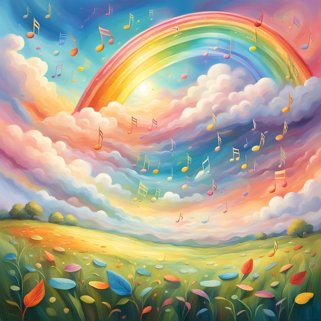 Colorful Music Notes Float Over Rainbow Meadow