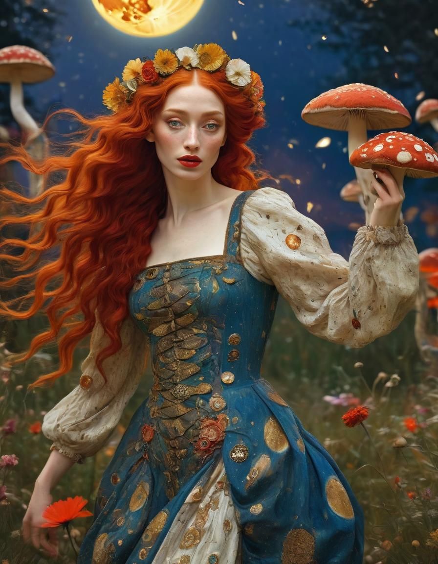 Red-Haired Woman Dancing: Botticelli and Van Gogh Styles