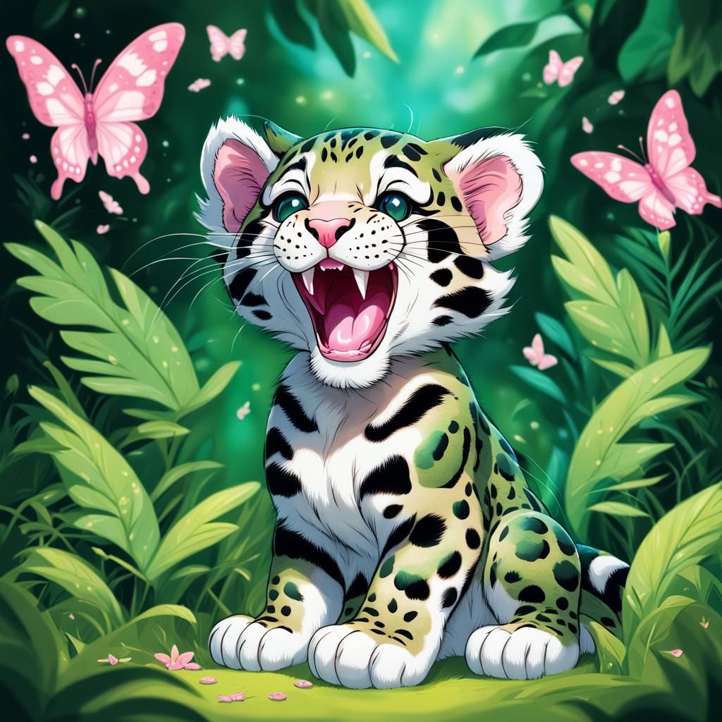 Clouded Leopard Cub Yawning in Comic Book Style