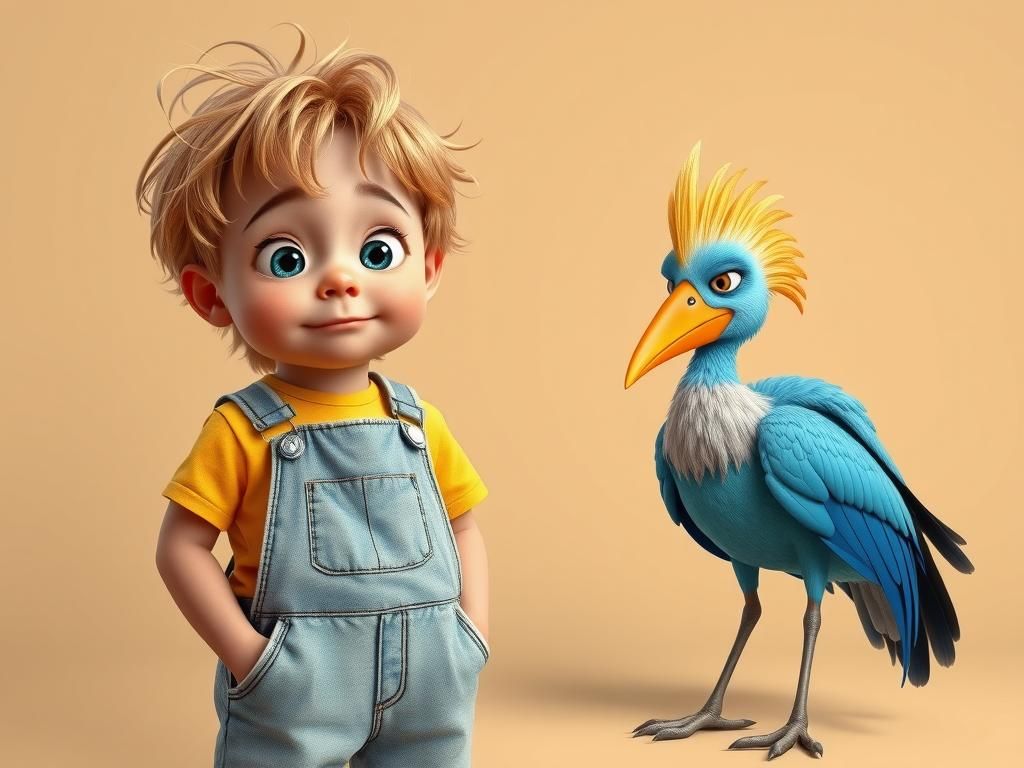 Cartoon Child and Bird Duo in Anime-Inspired 3D Art