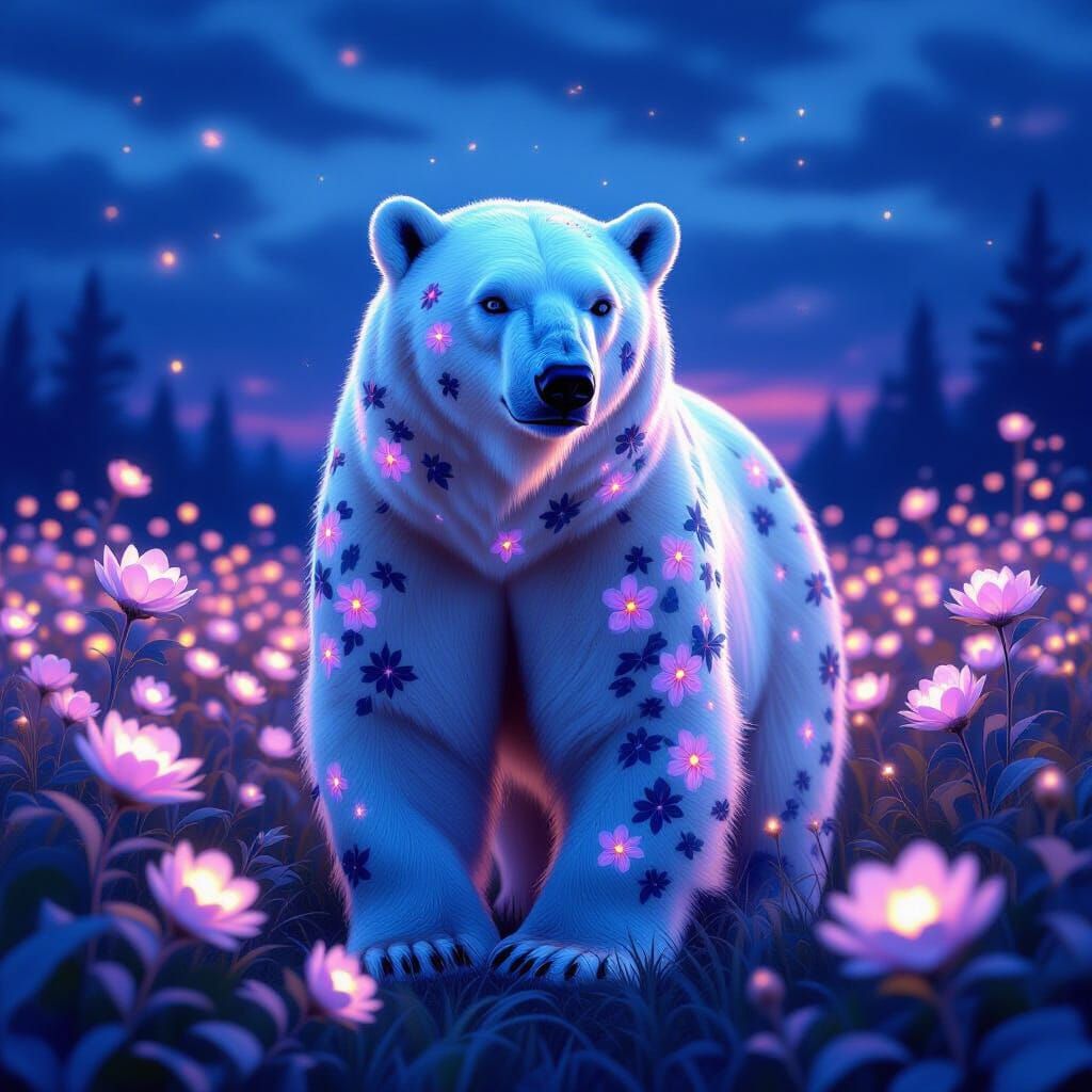 Floral Polar Bear in Ethereal Twilight Forest