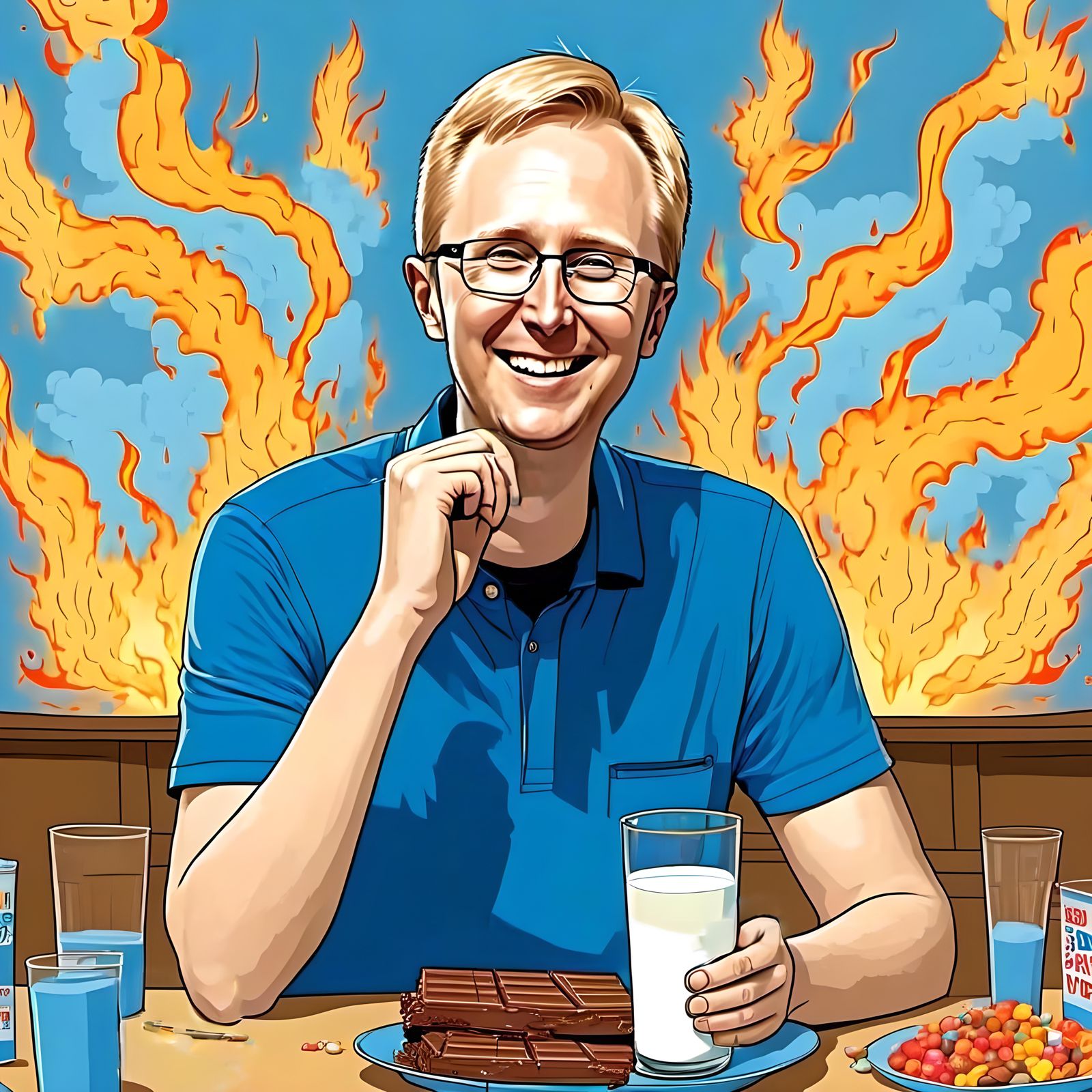 Cartoon Man Calmly Faces Inferno