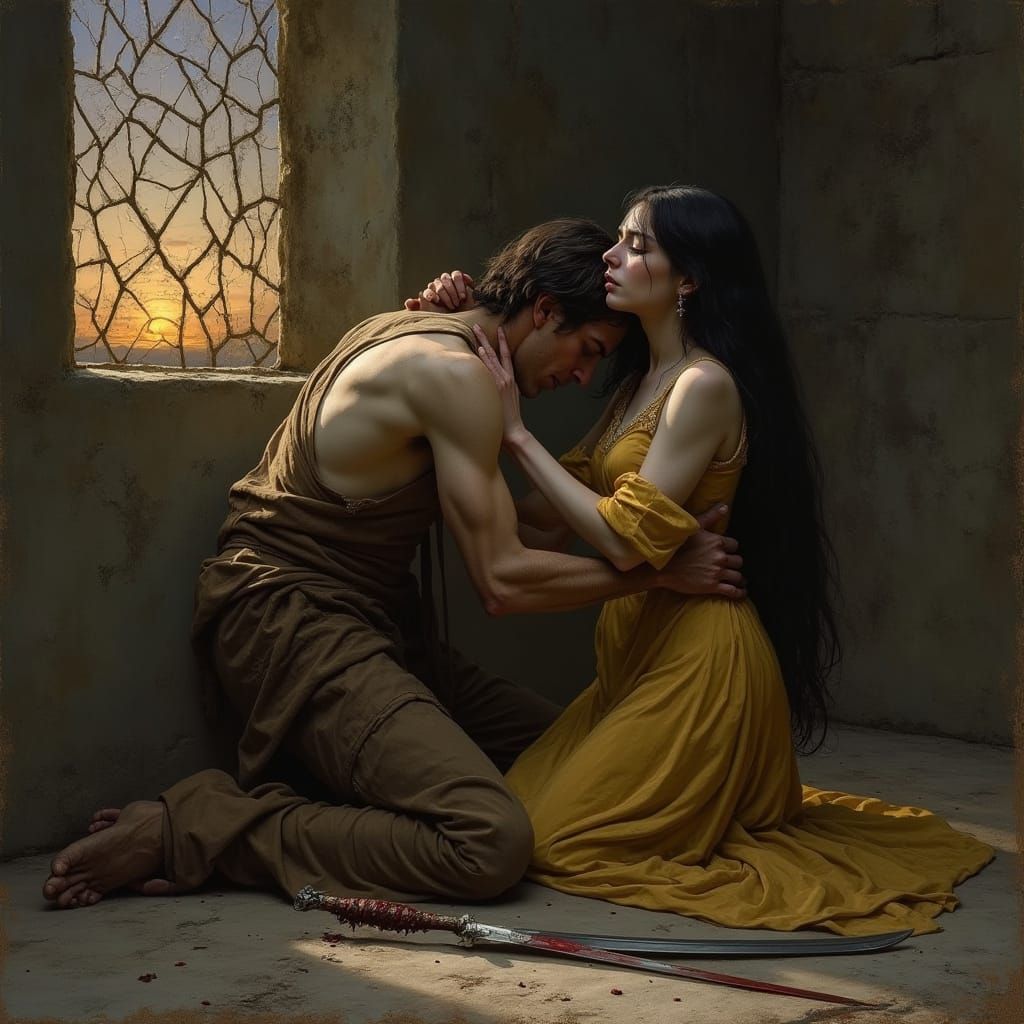 Sorrowful Scene in the Style of Pre-Raphaelite Brotherhood