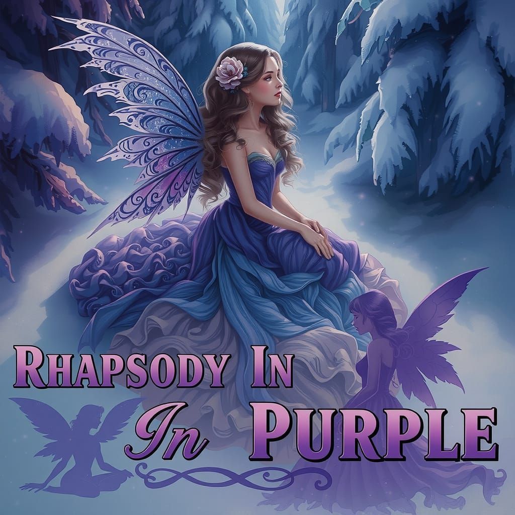 A fairy-like woman sits gracefully in a snow-covered forest,...