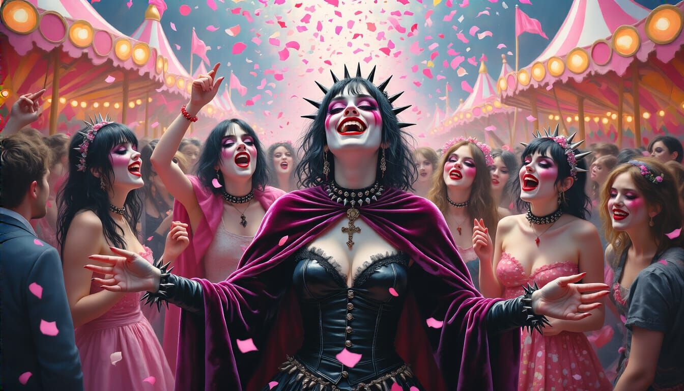 Goths Conga Dancing at Candy Carnival in Oil Painting Style