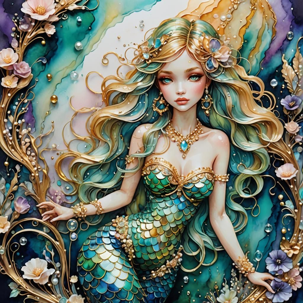 Iridescent Mermaid in Abstract Alcohol Ink Style