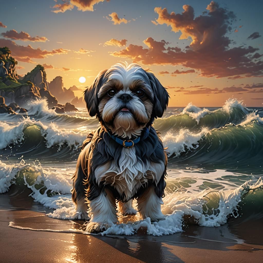 Shih Tzu Dog at Ocean Sunrise in Detailed Painting