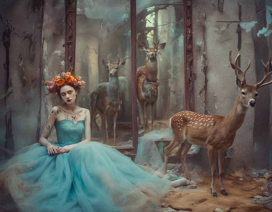 Lone Figure in Decrepit Chamber with Glowing Tattoos