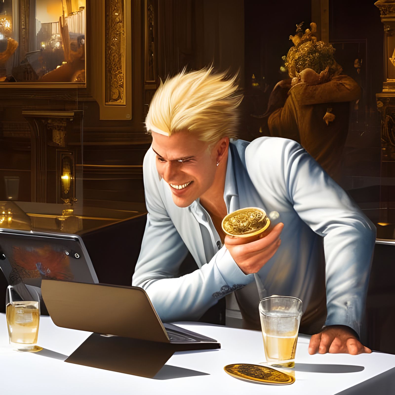 Happy Man in Cafe: Rococo Digital Art