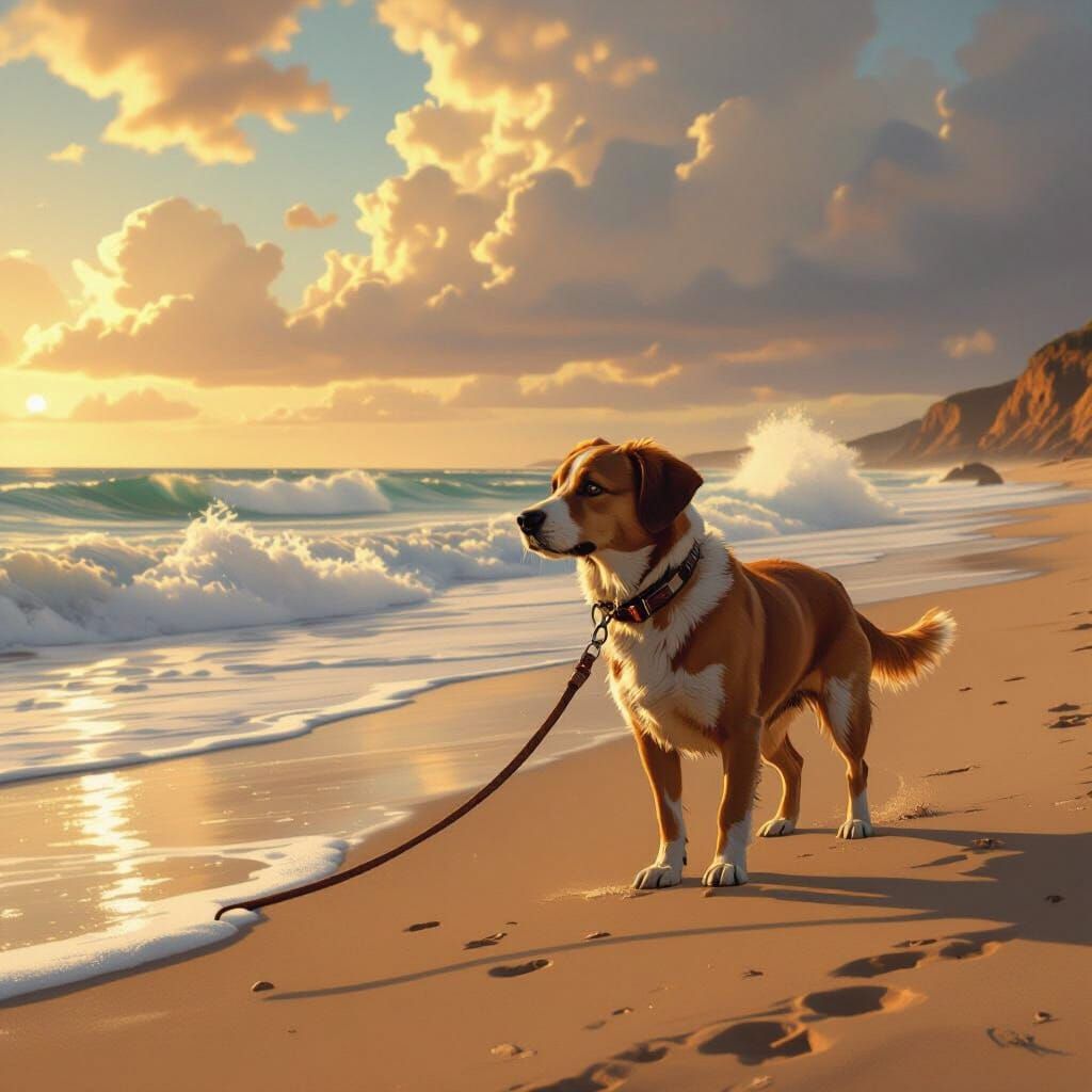 Realistic Dog on Beach with Crashing Waves