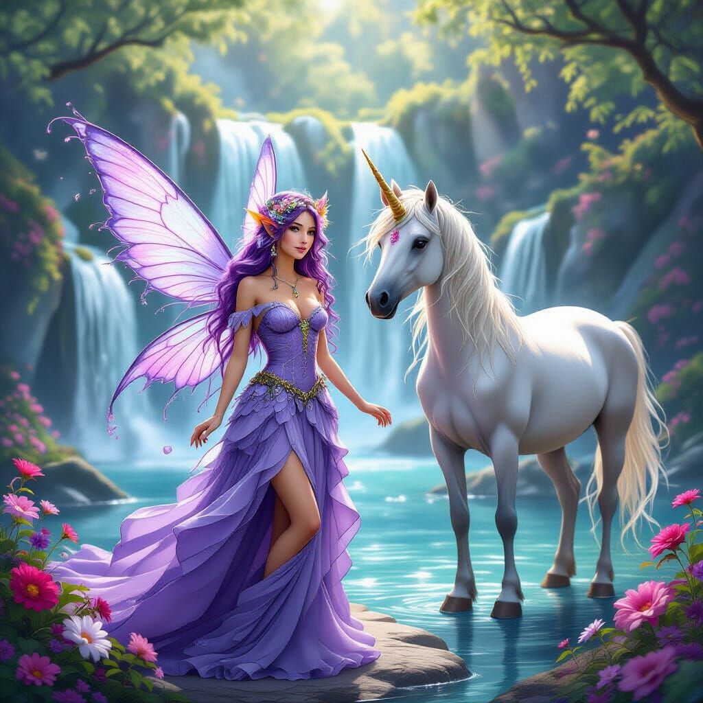 Purple Fairy with Waterfall, Flowers, and Unicorn