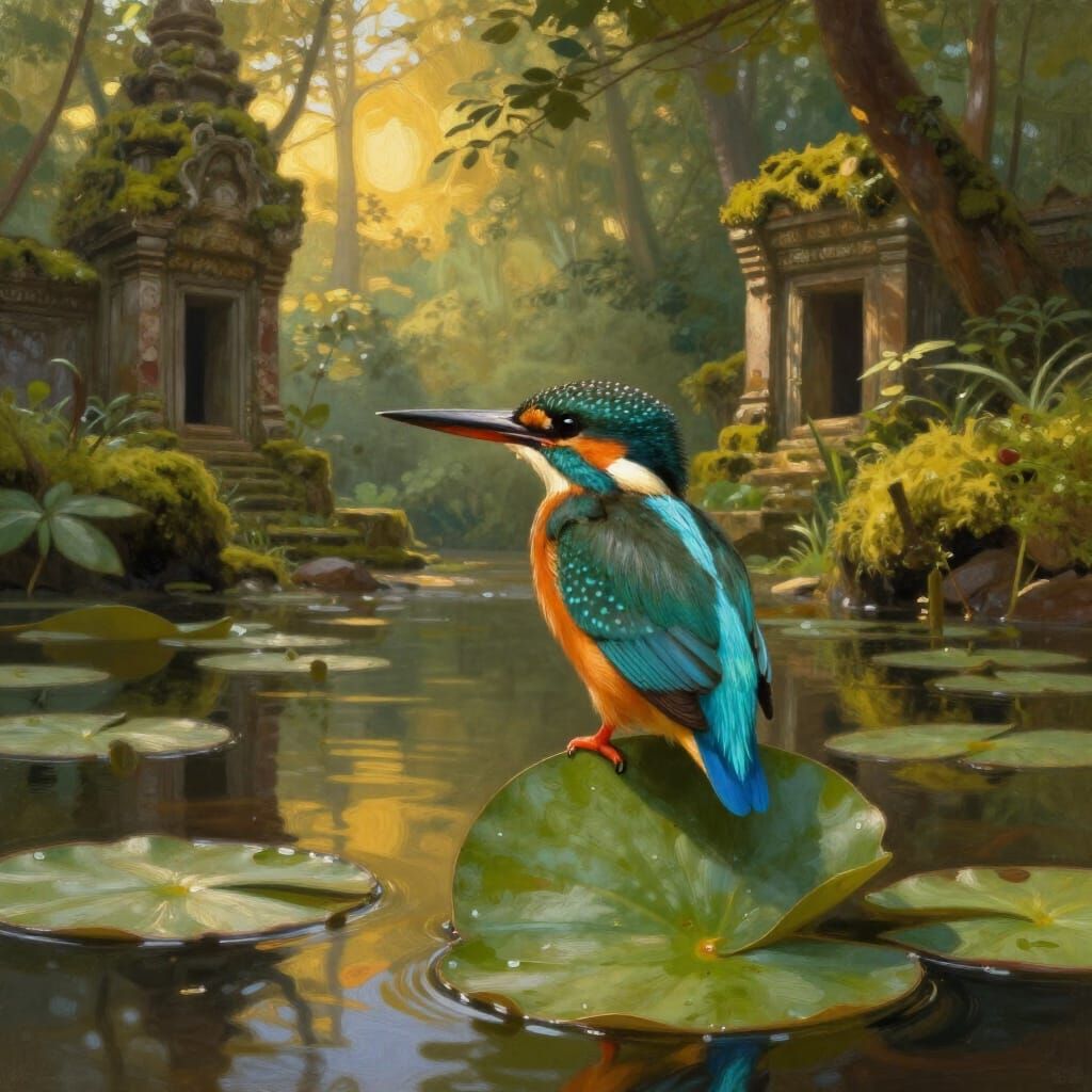 Kingfisher on Lily Pad Amidst Ancient Ruins