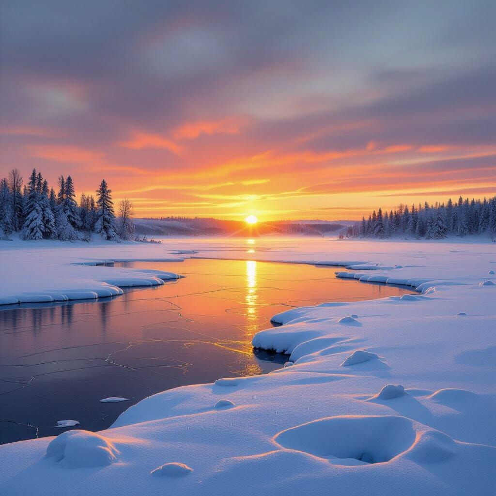 Winter Sunset Over Snow-Covered Lake