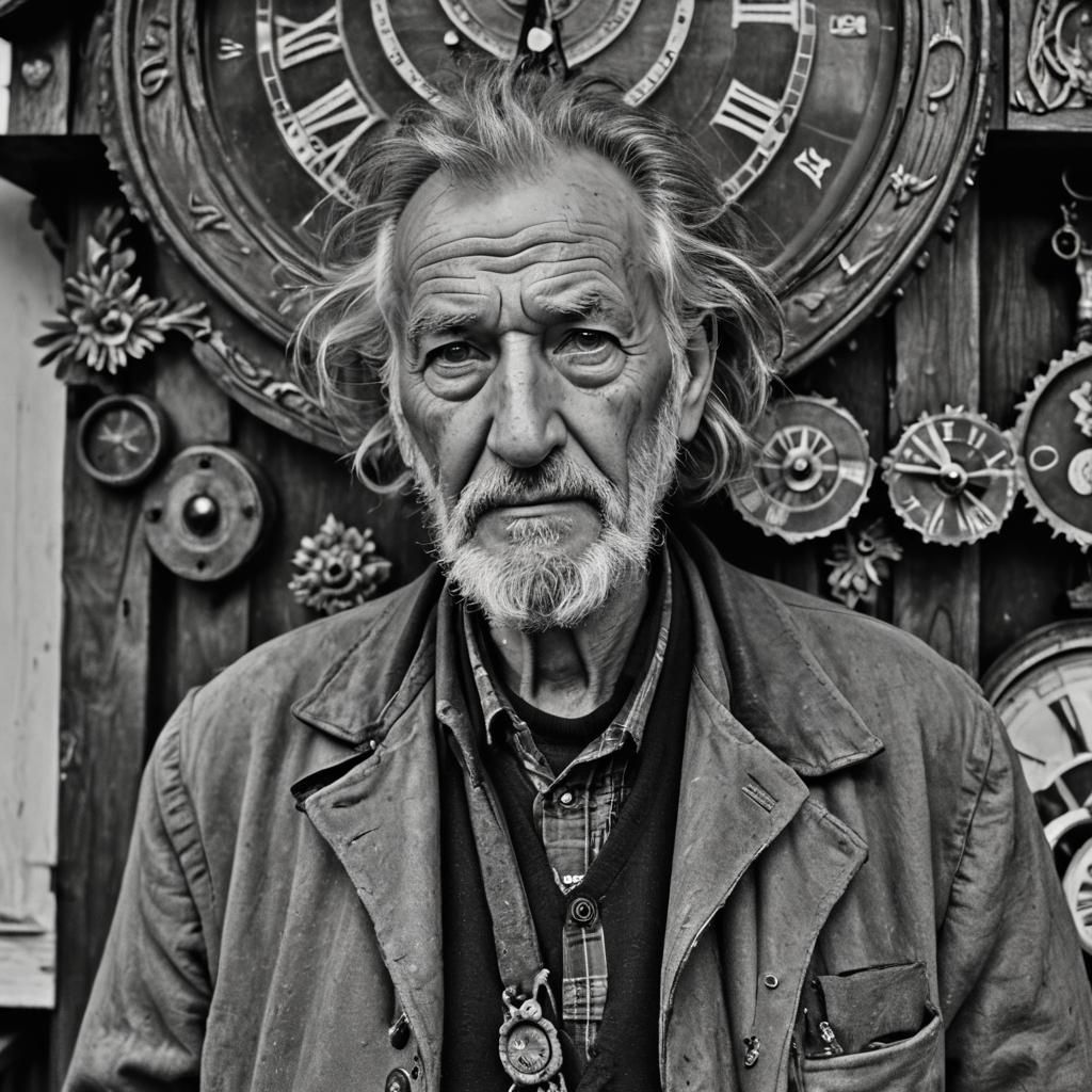 Monochrome Portrait of a Sad Old Man with Clock