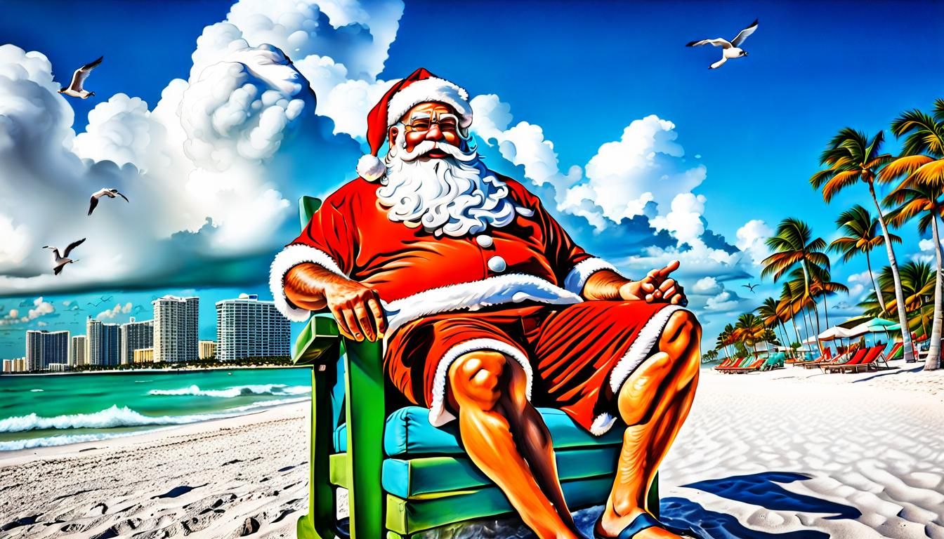 Santa Claus on Miami Beach: Hyperrealistic Splash Art