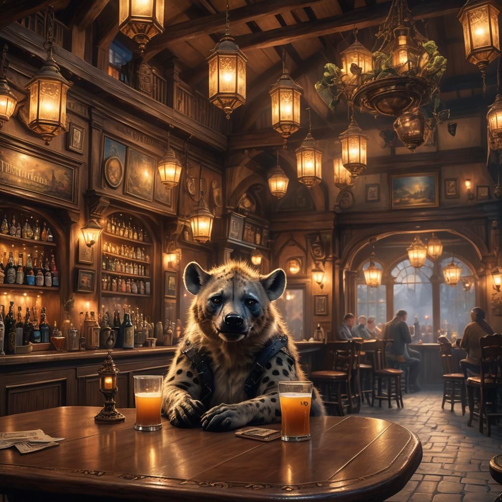 Hyena in Fantasy Pub with Golden Light