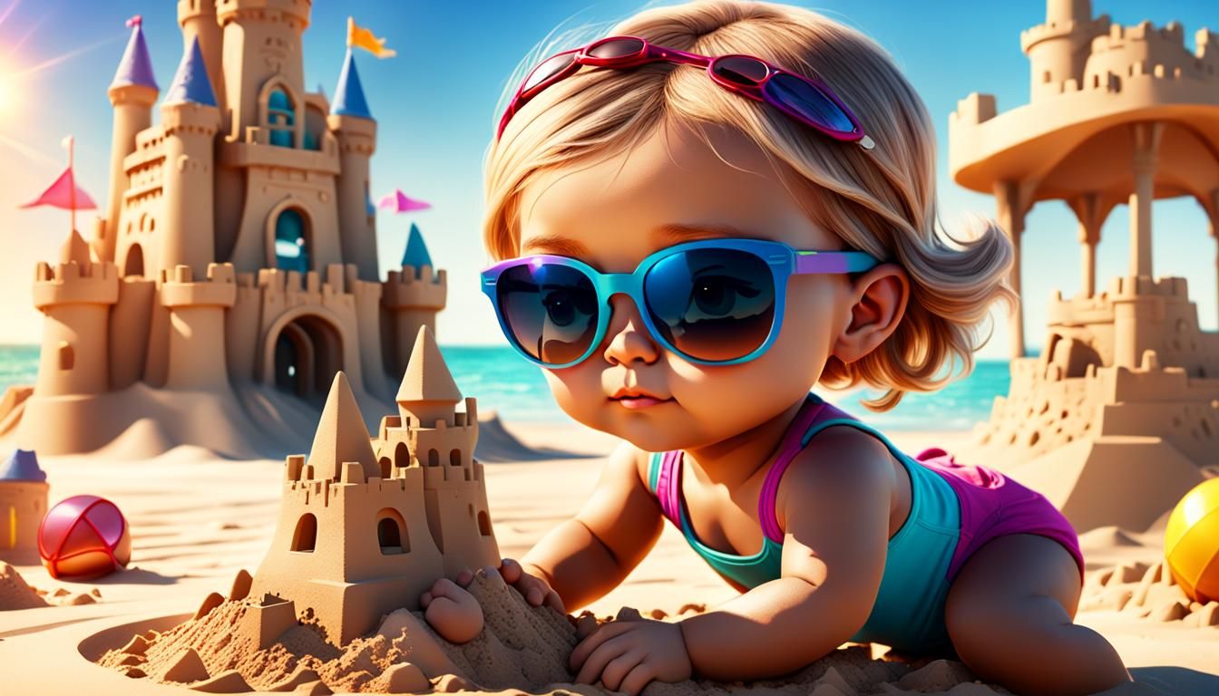 Stunning Baby Girl Building Beach Masterpiece in Vibrant Col...