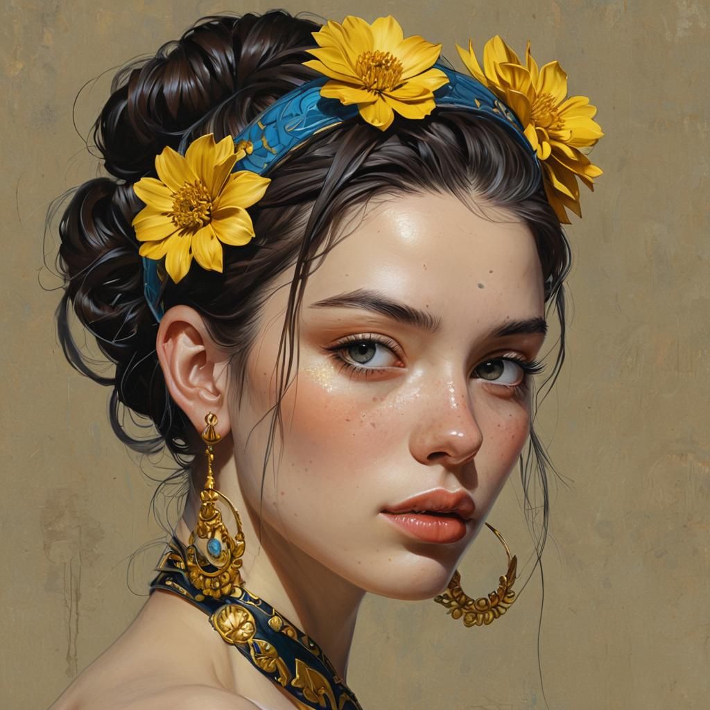 Enki Bilal Style Portrait with Golden Accessories