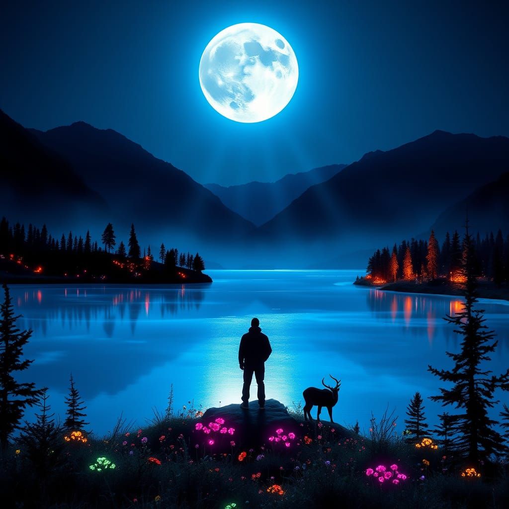 Neon Blue Moonlit Lake with Glowing Animals