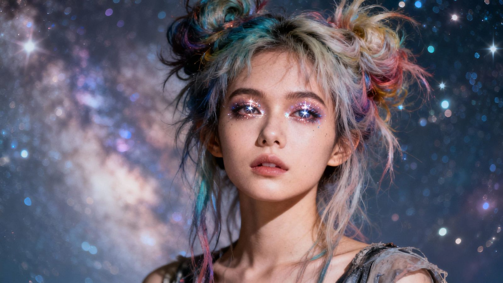 Woman with Starlight Eyes and Cosmic Hair