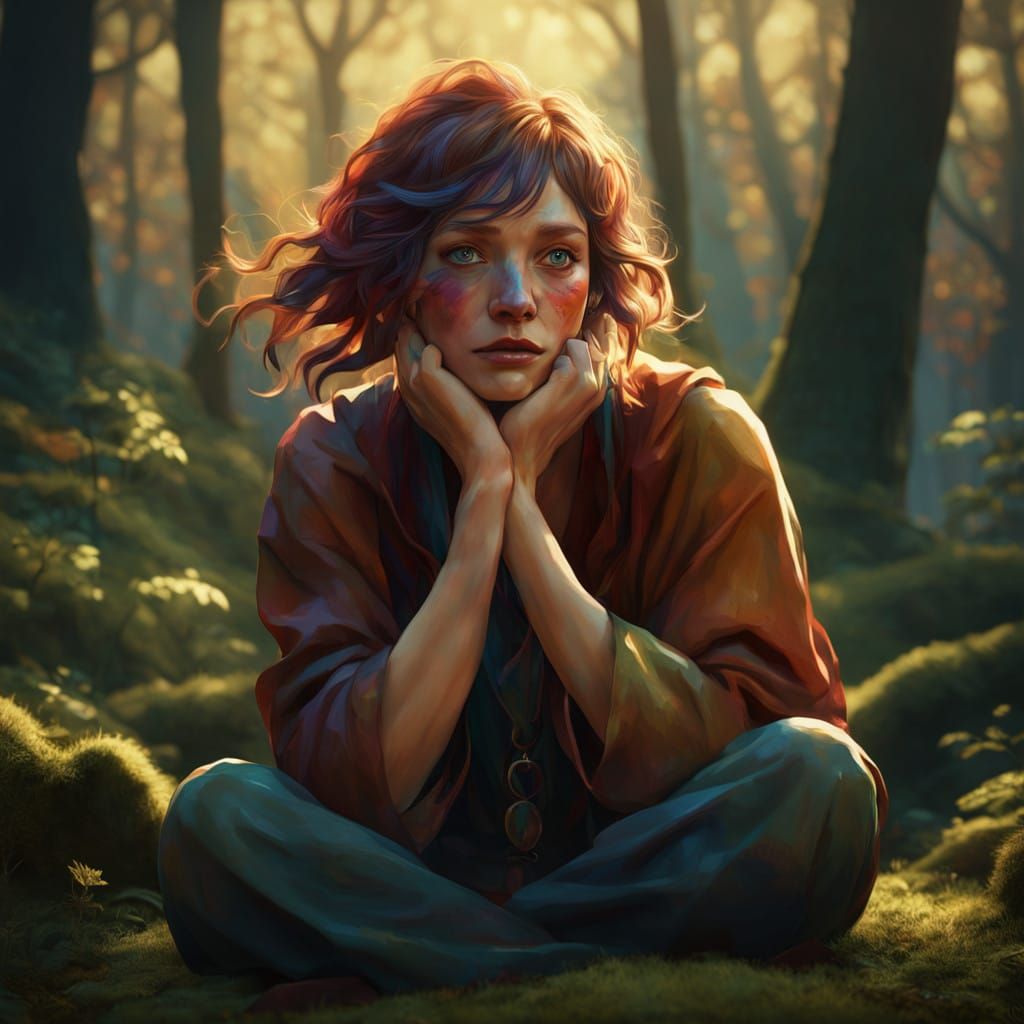 Woman Lost in Turmoil Amidst Forest Serenity