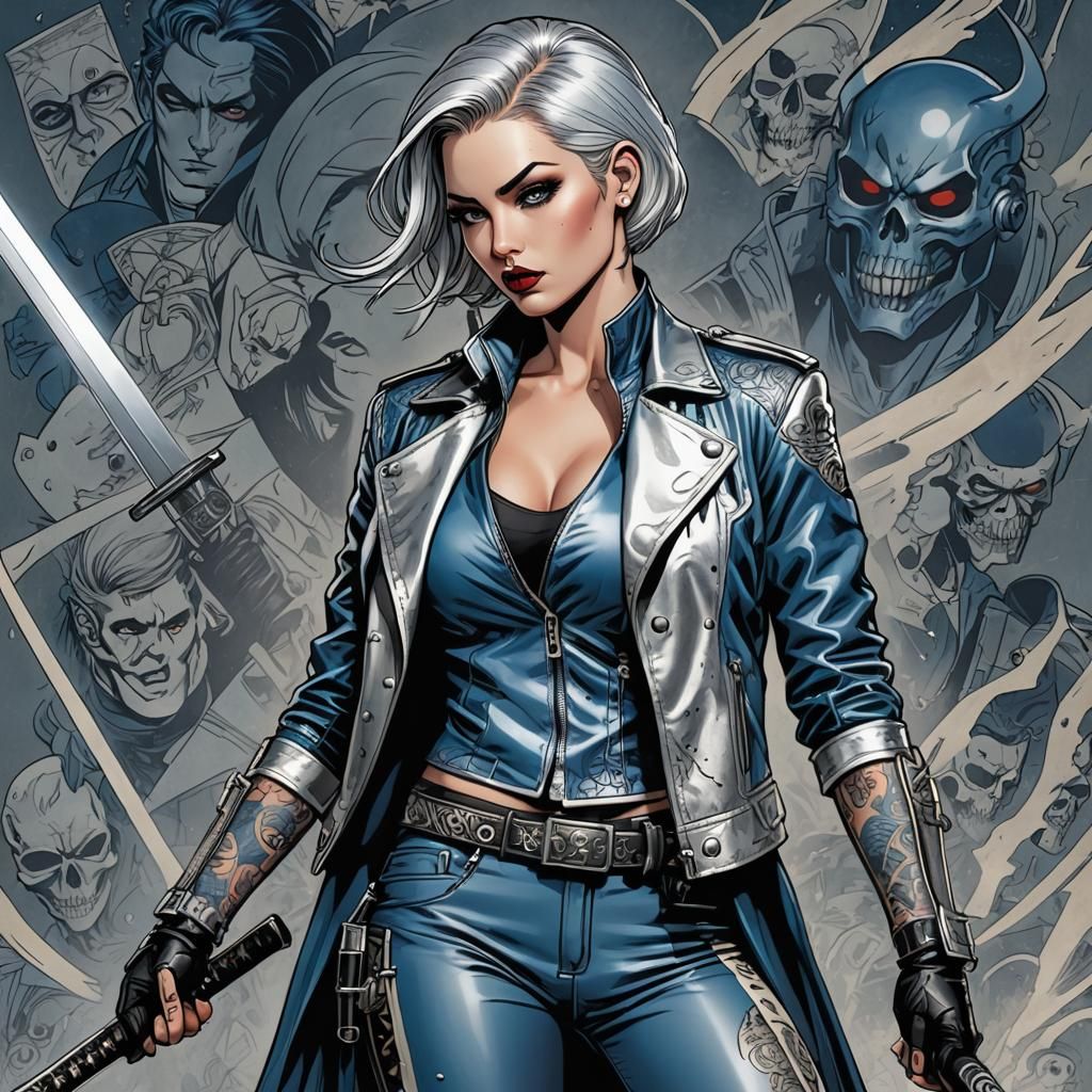 Tattooed Katana Warrior in Comic Book Style