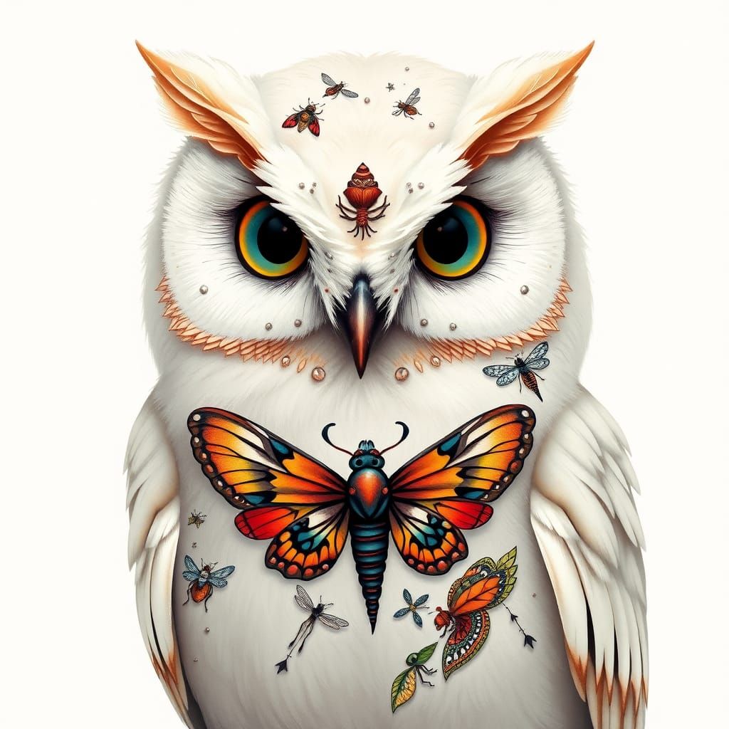 Owl with Bug Tattoos in Surreal Pop Art Style