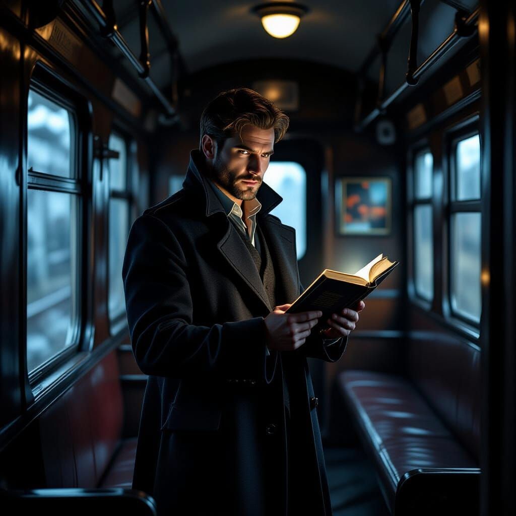 Man in Old Train Carriage with Magical Book