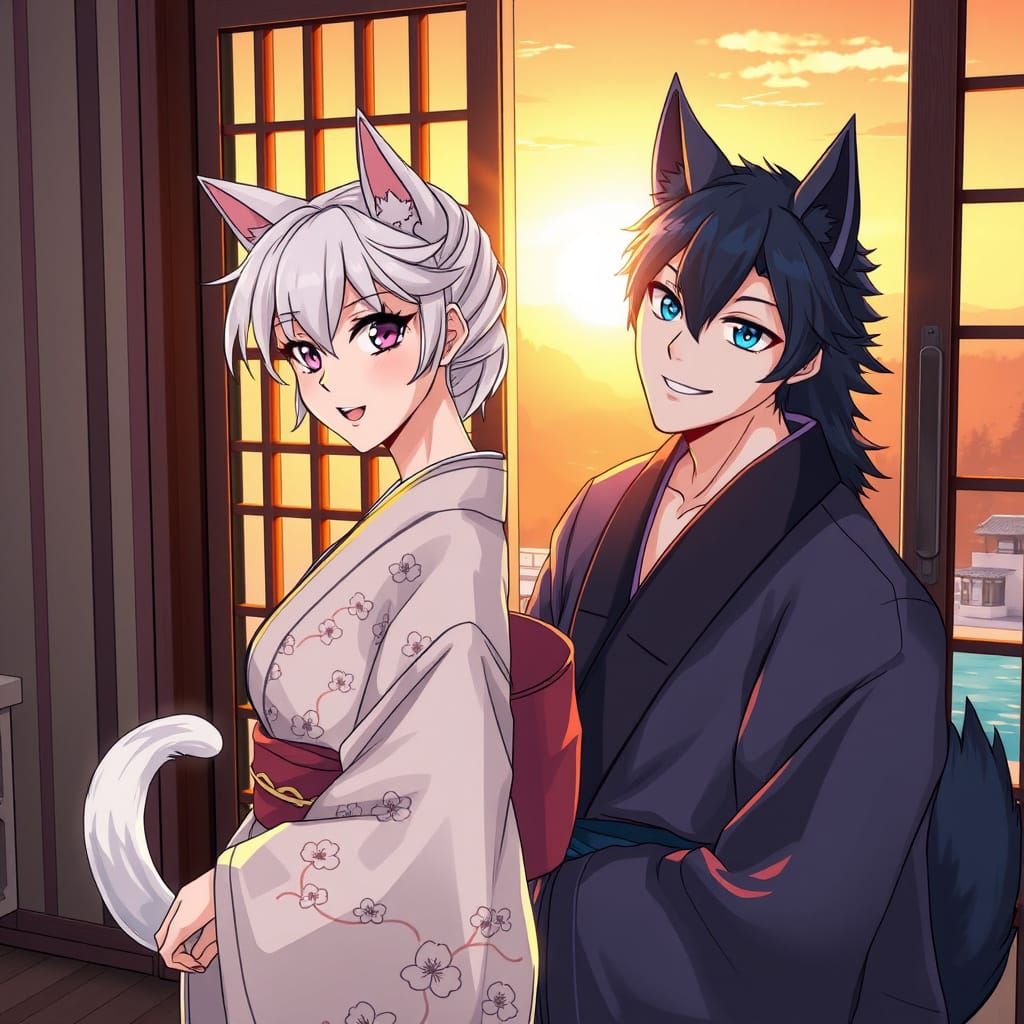 Surreal Anime Couple Basks in Sunrise Glow