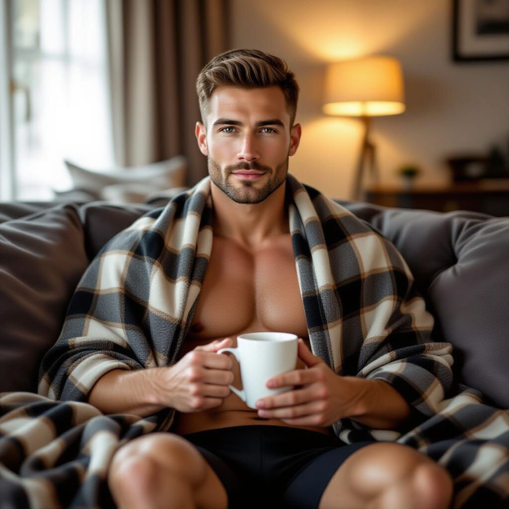Man Relaxing on Sofa with Blanket, Photorealistic Style