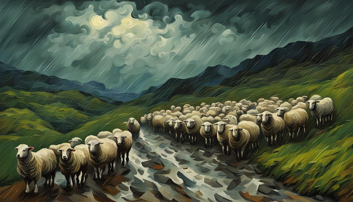 Shepherd Leads Flock in Rainy Mountain Impressionism