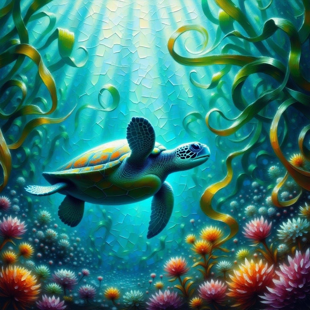 Majestic Sea Turtle in Dreamlike Kelp Forest
