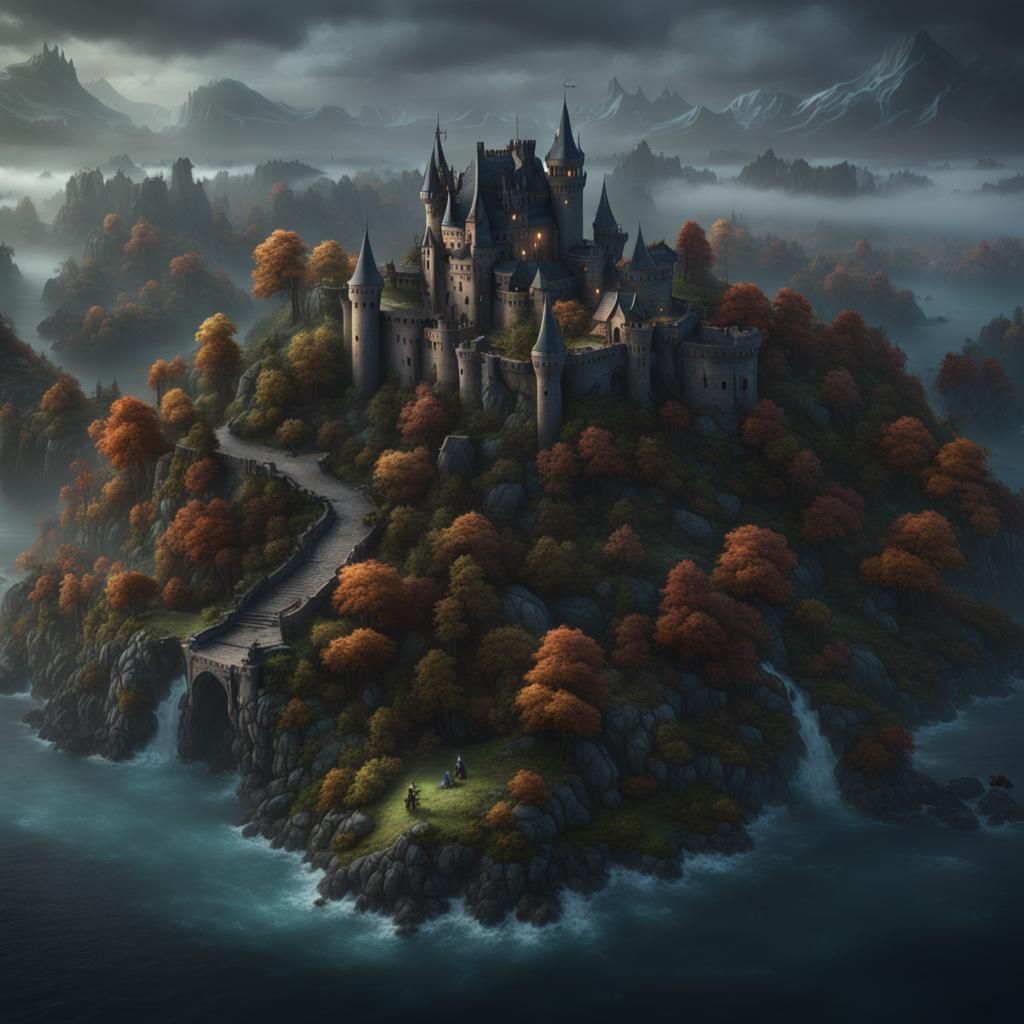 Dark Fantasy Island Map with Witches in Matte Painting