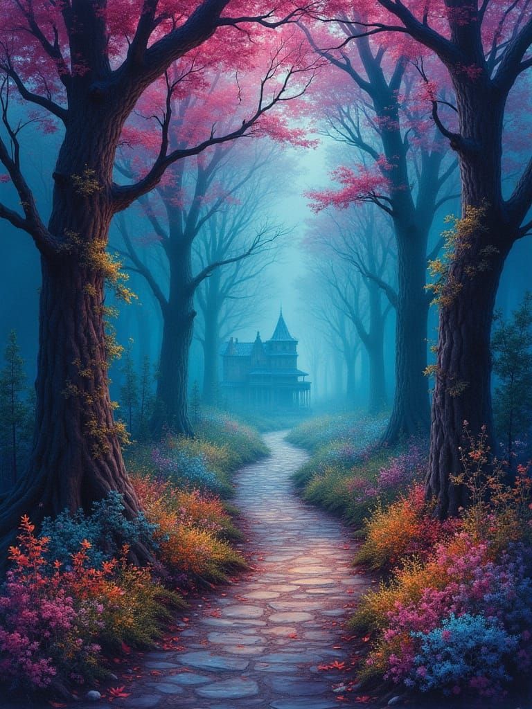 Surreal Watercolor Forest Scene with Bioluminescent Path