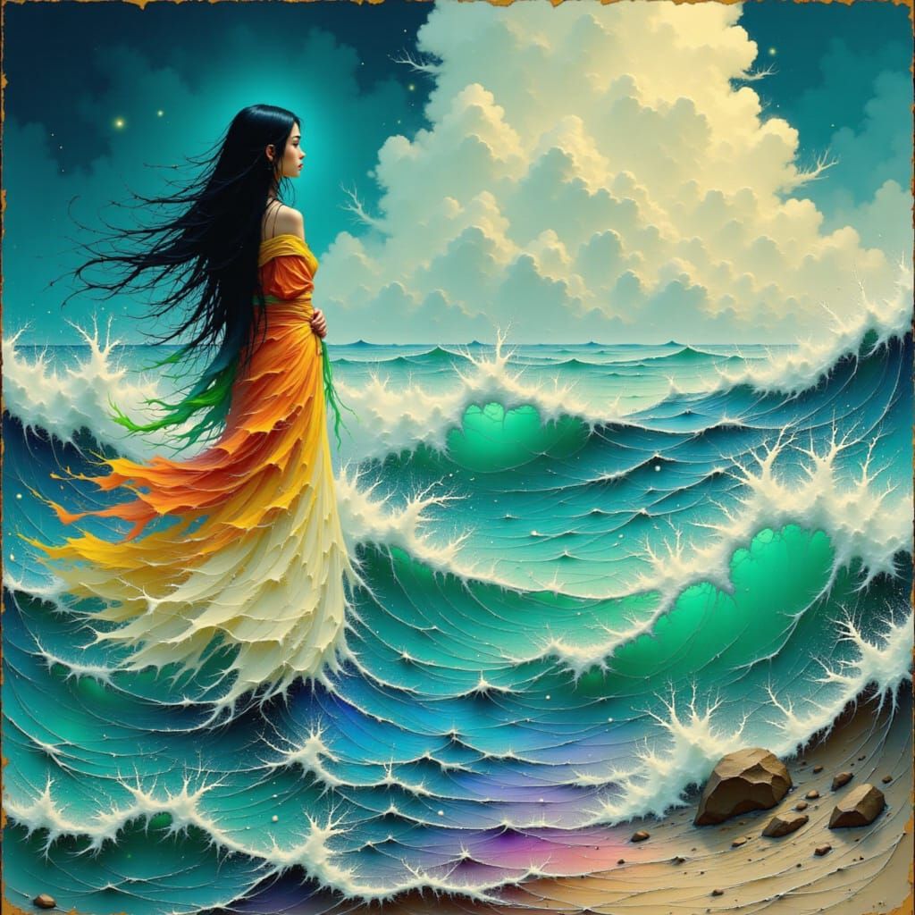 Goddess Rán at Sea's Edge in Pop Surrealist Style