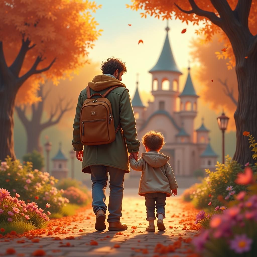 Joyful Father and Son in Whimsical Park, Fantasy Art