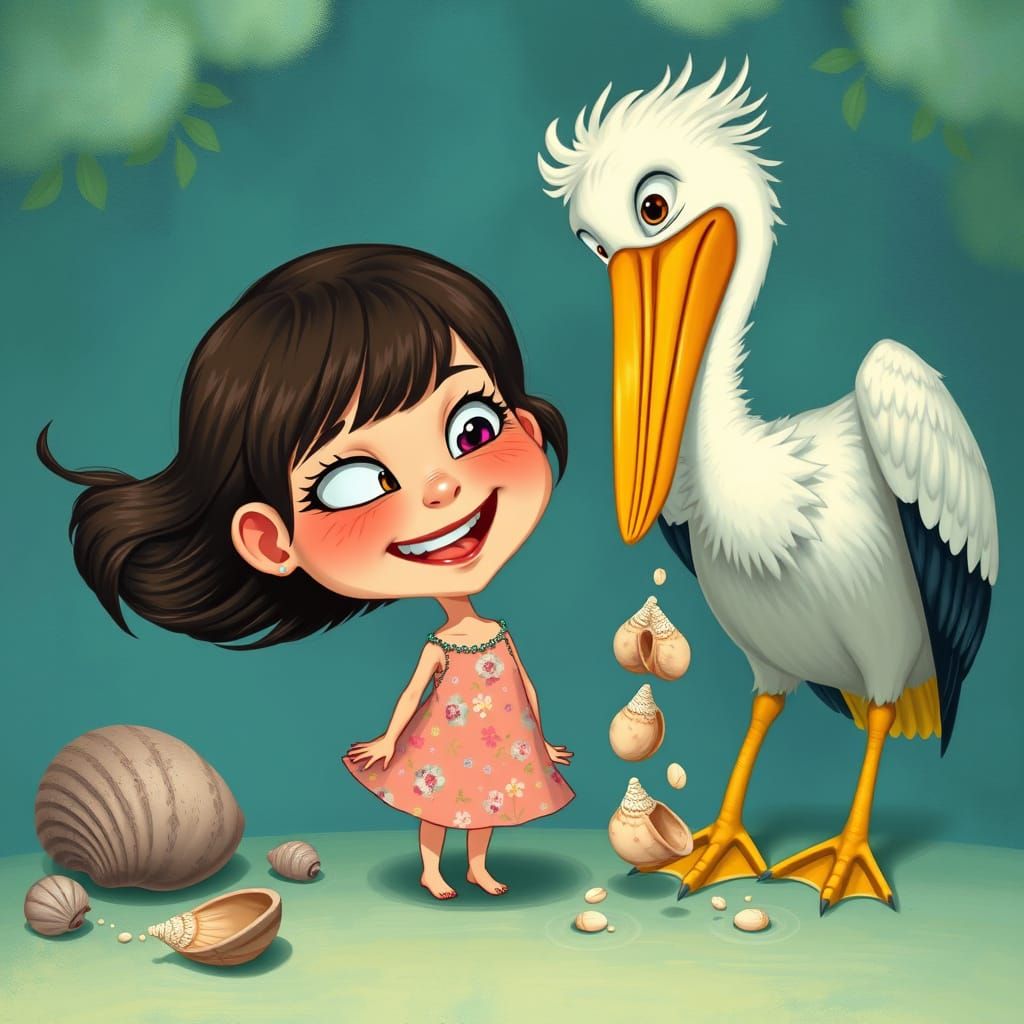 Girl Laughs at Seashell-Pooping Pelican in Dreamlike Scene