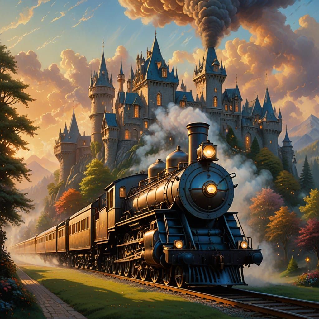 Fairytale Steam Train Arriving at Misty Castle