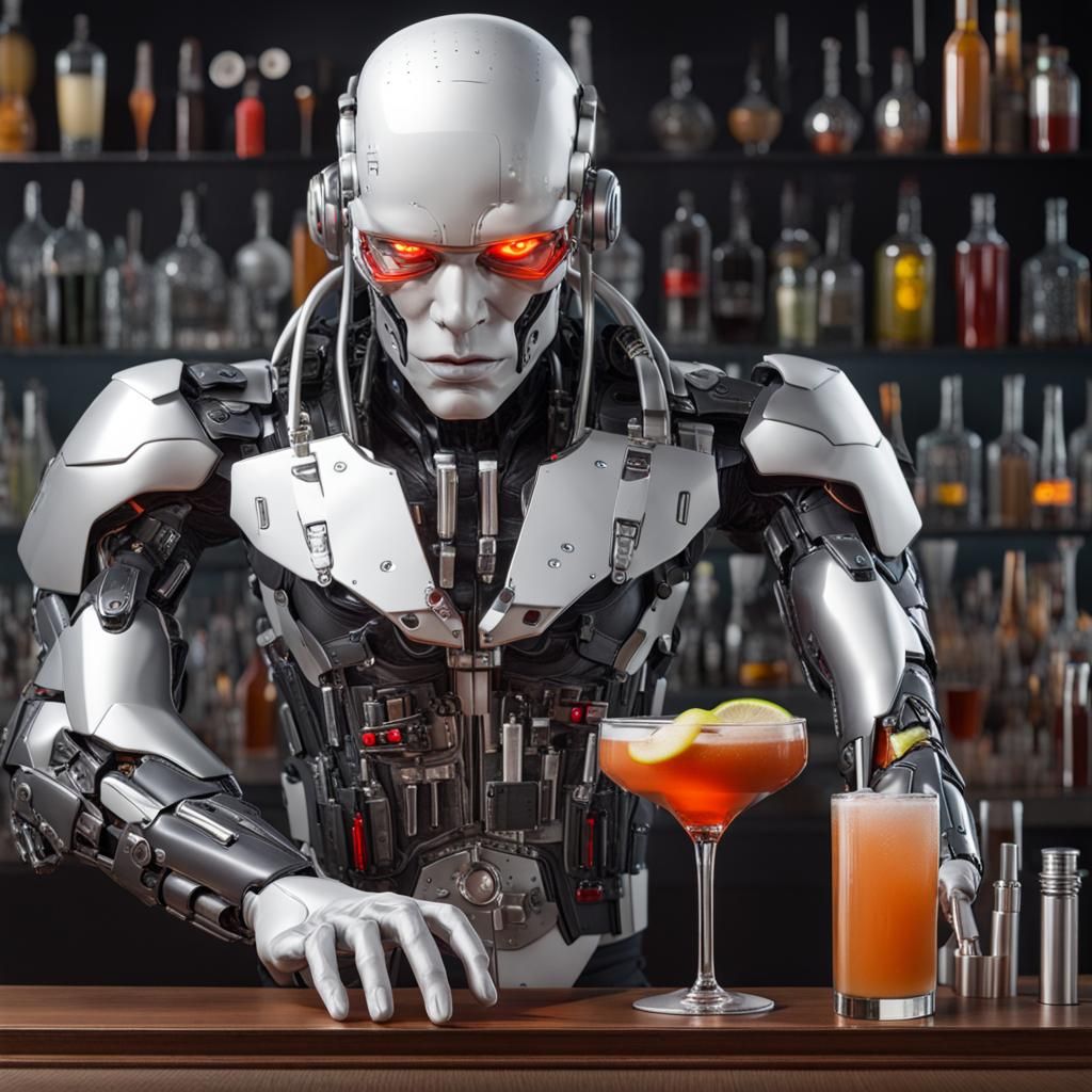 Cyborg Bartender in Futuristic Bar