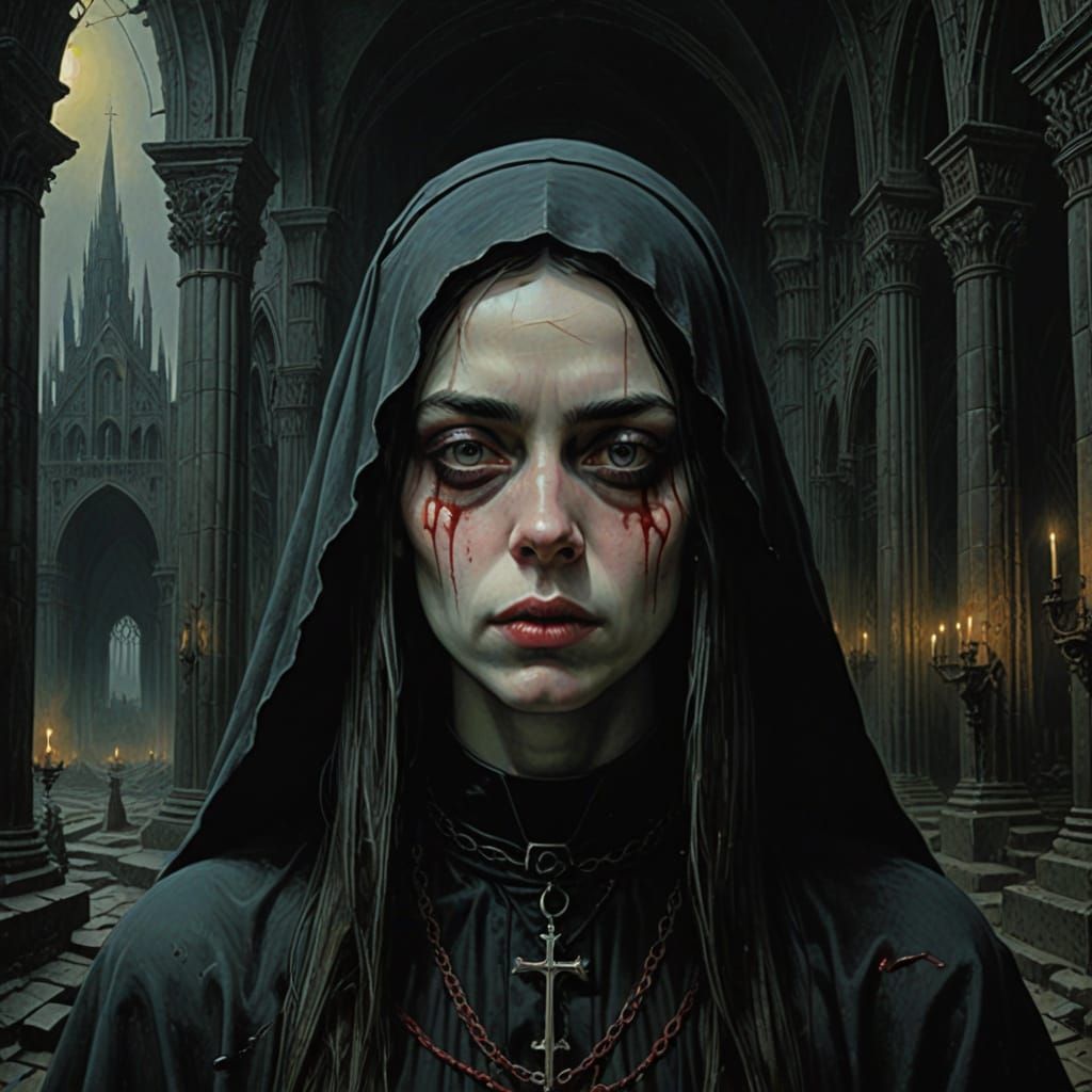 Dark Nun Portrait in Tattered Habit with Evil Grin